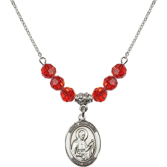 Sterling Silver Saint Camillus of Lellis Birthstone Necklace with Ruby Beads - 8019