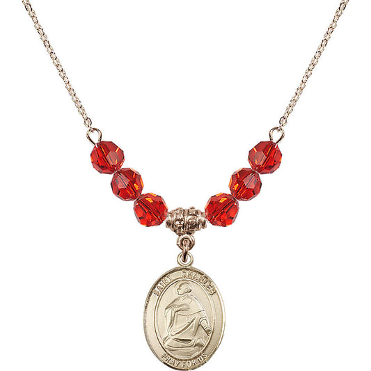 14kt Gold Filled Saint Charles Borromeo Birthstone Necklace with Ruby Beads - 8020