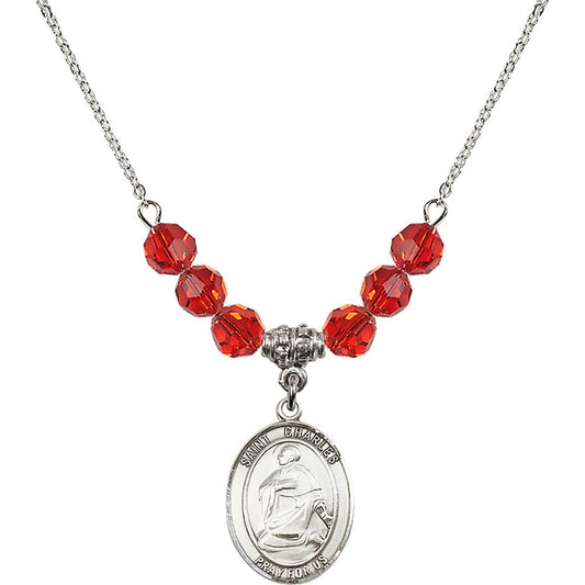Sterling Silver Saint Charles Borromeo Birthstone Necklace with Ruby Beads - 8020