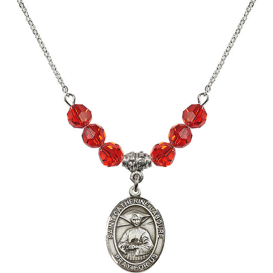 Sterling Silver Saint Catherine Laboure Birthstone Necklace with Ruby Beads - 8021