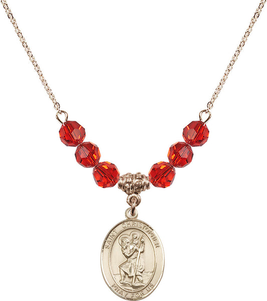 14kt Gold Filled Saint Christopher Birthstone Necklace with Ruby Beads - 8022