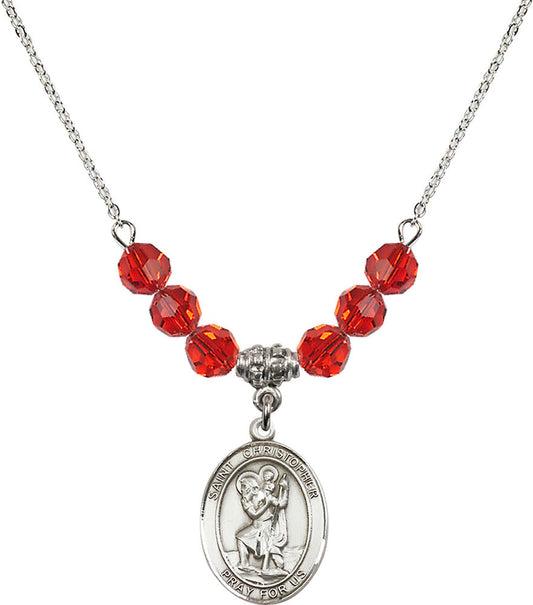 Sterling Silver Saint Christopher Birthstone Necklace with Ruby Beads - 8022