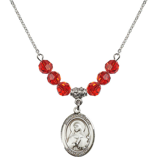 Sterling Silver Saint Dorothy Birthstone Necklace with Ruby Beads - 8023