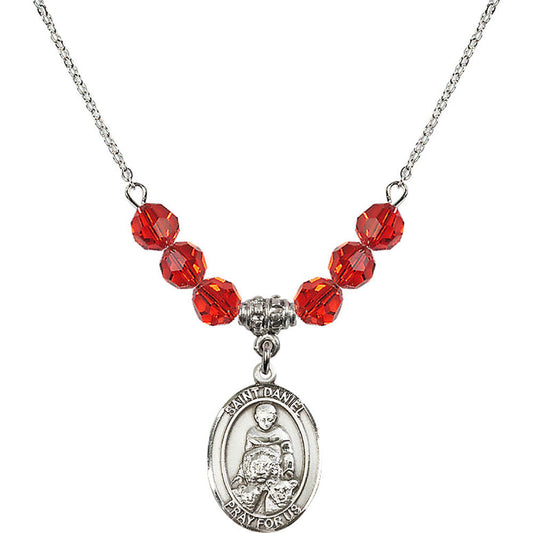 Sterling Silver Saint Daniel Birthstone Necklace with Ruby Beads - 8024