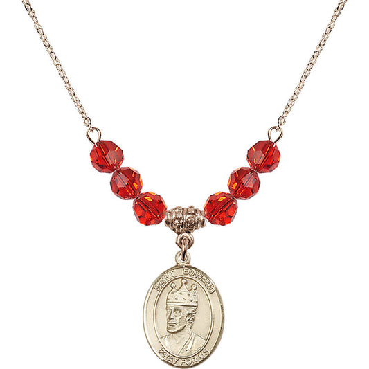 14kt Gold Filled Saint Edward the Confessor Birthstone Necklace with Ruby Beads - 8026