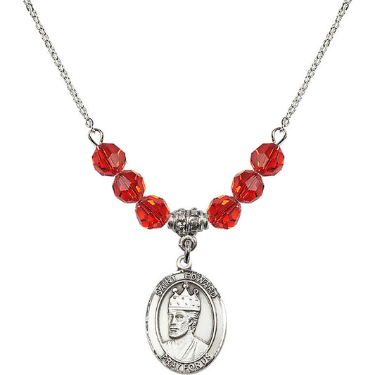 Sterling Silver Saint Edward the Confessor Birthstone Necklace with Ruby Beads - 8026