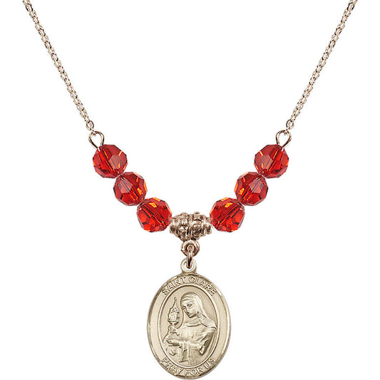 14kt Gold Filled Saint Clare of Assisi Birthstone Necklace with Ruby Beads - 8028
