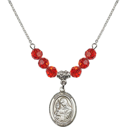 Sterling Silver Saint Clare of Assisi Birthstone Necklace with Ruby Beads - 8028