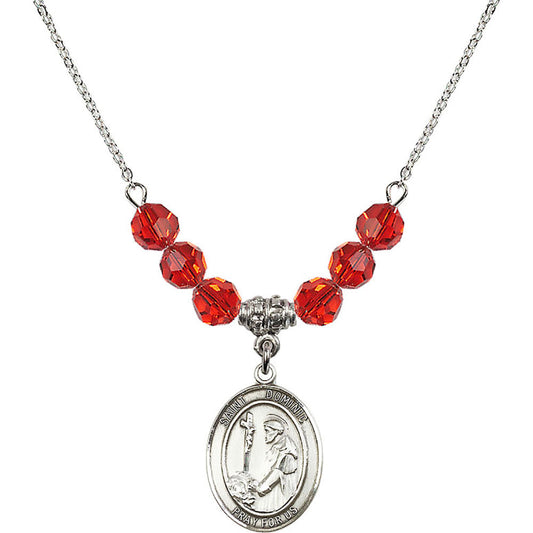 Sterling Silver Saint Dominic de Guzman Birthstone Necklace with Ruby Beads - 8030
