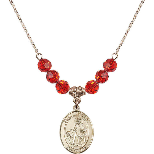 14kt Gold Filled Saint Dymphna Birthstone Necklace with Ruby Beads - 8032