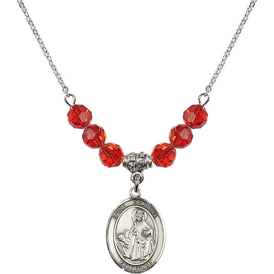Sterling Silver Saint Dymphna Birthstone Necklace with Ruby Beads - 8032