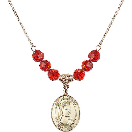 14kt Gold Filled Saint Elizabeth of Hungary Birthstone Necklace with Ruby Beads - 8033