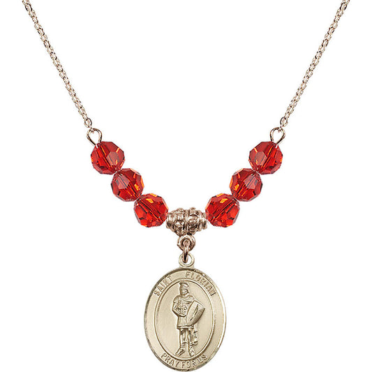 14kt Gold Filled Saint Florian Birthstone Necklace with Ruby Beads - 8034