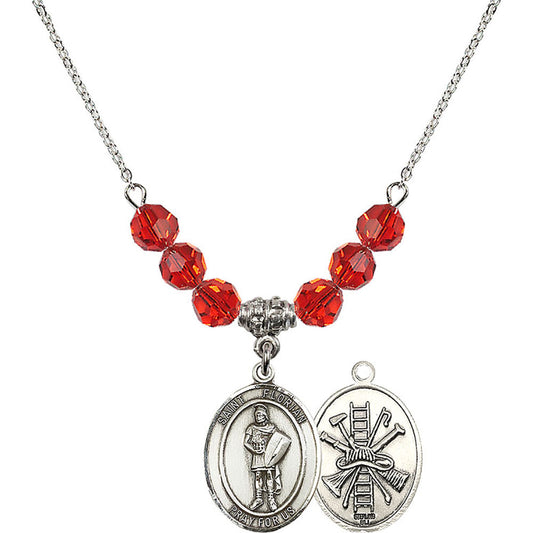 Sterling Silver Saint Florian/Firefighter Birthstone Necklace with Ruby Beads - 8034