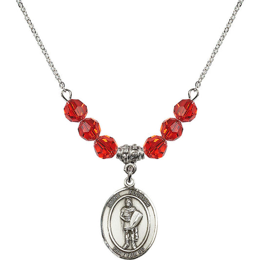 Sterling Silver Saint Florian Birthstone Necklace with Ruby Beads - 8034