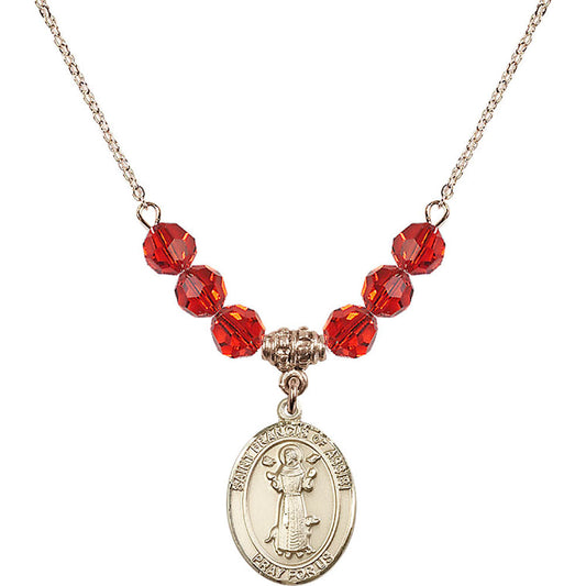 14kt Gold Filled Saint Francis of Assisi Birthstone Necklace with Ruby Beads - 8036