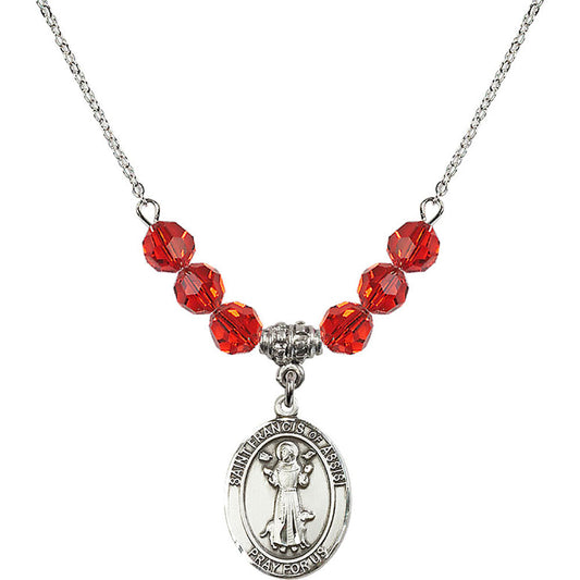 Sterling Silver Saint Francis of Assisi Birthstone Necklace with Ruby Beads - 8036