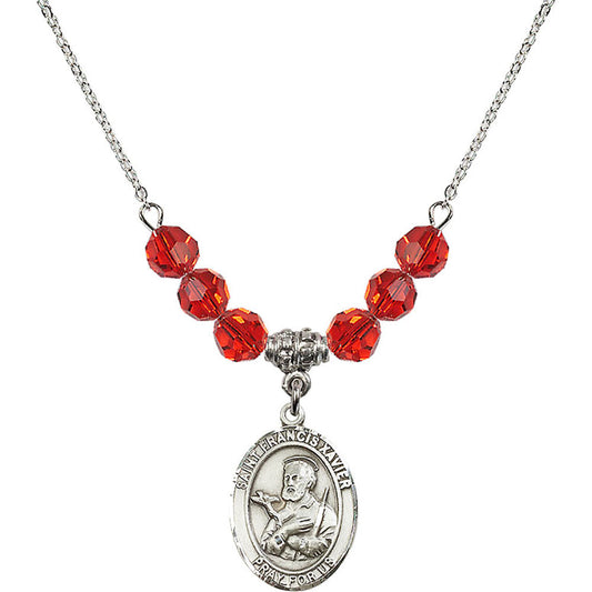Sterling Silver Saint Francis Xavier Birthstone Necklace with Ruby Beads - 8037