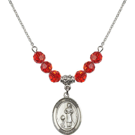 Sterling Silver Saint Genesius of Rome Birthstone Necklace with Ruby Beads - 8038