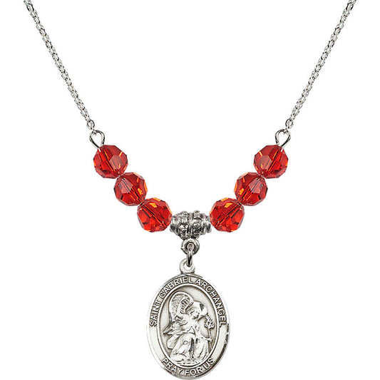 Sterling Silver Saint Gabriel the Archangel Birthstone Necklace with Ruby Beads - 8039