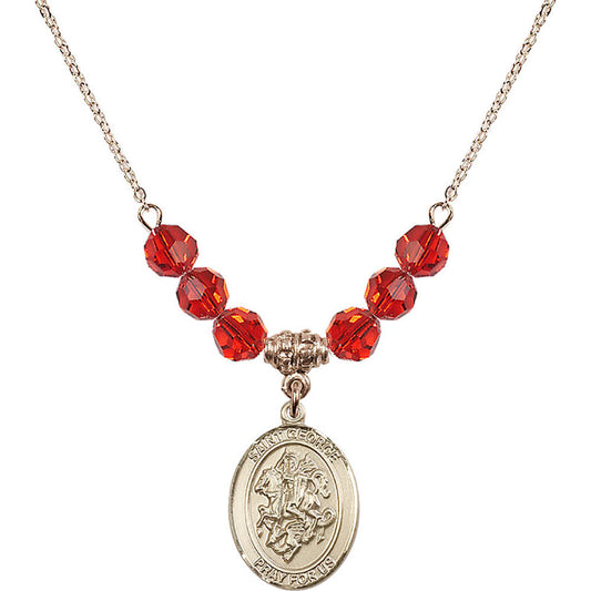 14kt Gold Filled Saint George Birthstone Necklace with Ruby Beads - 8040