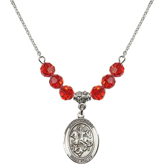Sterling Silver Saint George Birthstone Necklace with Ruby Beads - 8040