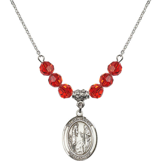 Sterling Silver Saint Genevieve Birthstone Necklace with Ruby Beads - 8041