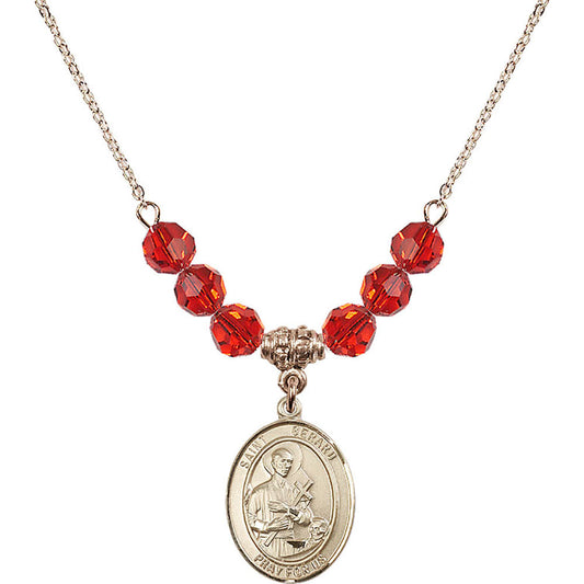 14kt Gold Filled Saint Gerard Majella Birthstone Necklace with Ruby Beads - 8042