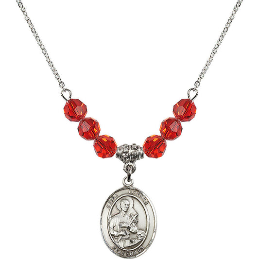 Sterling Silver Saint Gerard Majella Birthstone Necklace with Ruby Beads - 8042