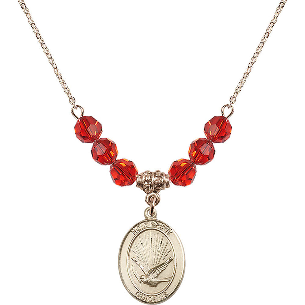 14kt Gold Filled Holy Spirit Birthstone Necklace with Ruby Beads - 8044