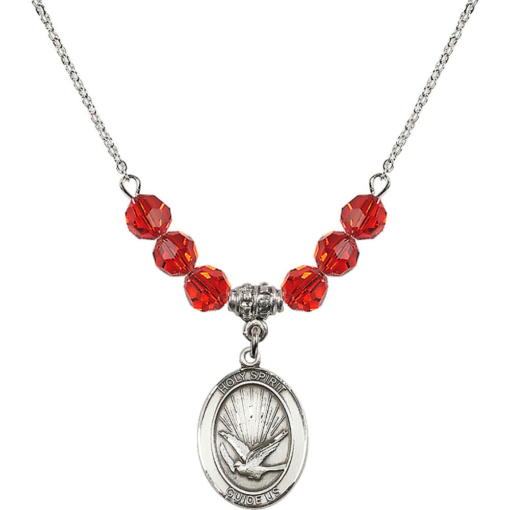 Sterling Silver Holy Spirit Birthstone Necklace with Ruby Beads - 8044