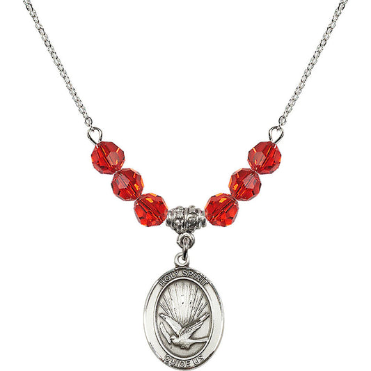 Sterling Silver Holy Spirit Birthstone Necklace with Ruby Beads - 8044
