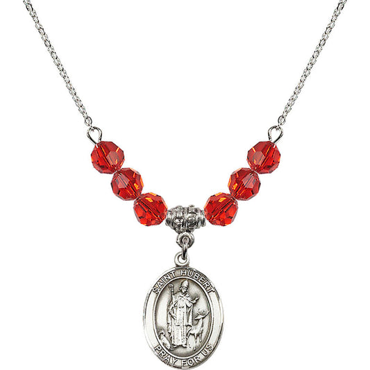 Sterling Silver Saint Hubert of Liege Birthstone Necklace with Ruby Beads - 8045