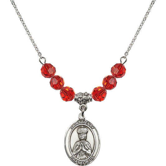 Sterling Silver Saint Henry II Birthstone Necklace with Ruby Beads - 8046