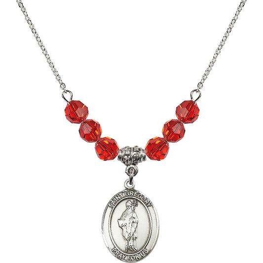 Sterling Silver Saint Gregory the Great Birthstone Necklace with Ruby Beads - 8048