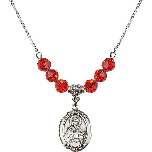 Sterling Silver Saint Isidore of Seville Birthstone Necklace with Ruby Beads - 8049