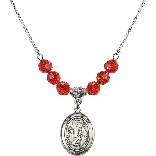 Sterling Silver Saint James the Greater Birthstone Necklace with Ruby Beads - 8050