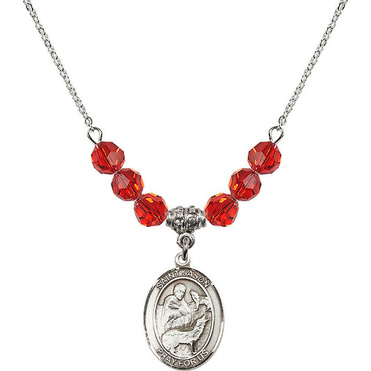 Sterling Silver Saint Jason Birthstone Necklace with Ruby Beads - 8051