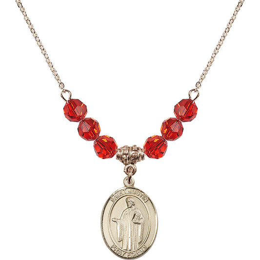 14kt Gold Filled Saint Justin Birthstone Necklace with Ruby Beads - 8052