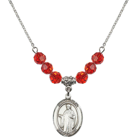 Sterling Silver Saint Justin Birthstone Necklace with Ruby Beads - 8052