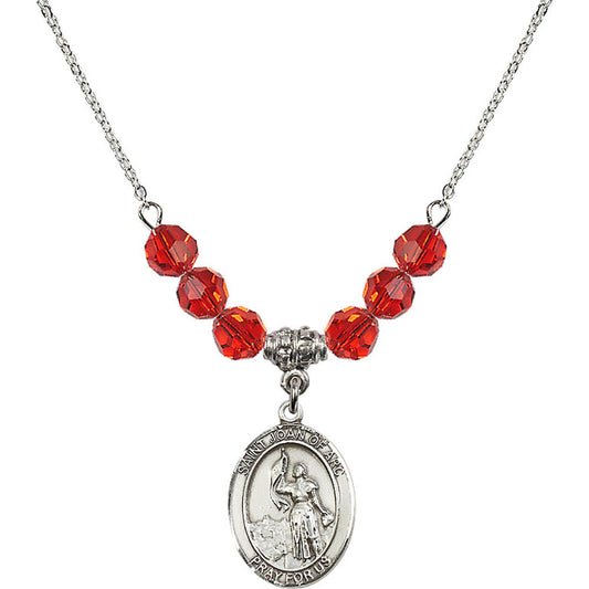 Sterling Silver Saint Joan of Arc Birthstone Necklace with Ruby Beads - 8053