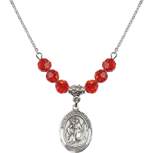 Sterling Silver Saint John the Baptist Birthstone Necklace with Ruby Beads - 8054