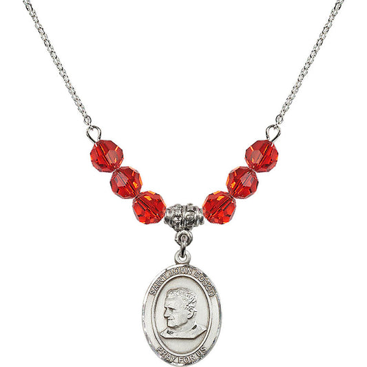 Sterling Silver Saint John Bosco Birthstone Necklace with Ruby Beads - 8055