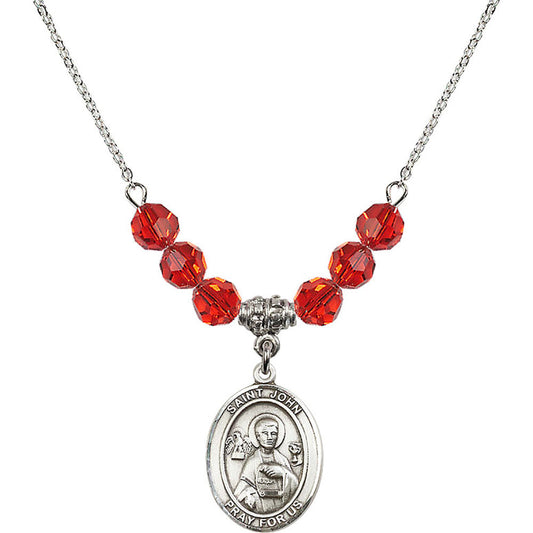 Sterling Silver Saint John the Apostle Birthstone Necklace with Ruby Beads - 8056