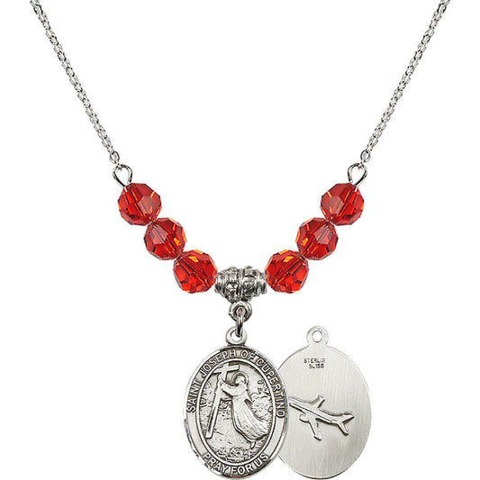 Sterling Silver Saint Joseph of Cupertino Birthstone Necklace with Ruby Beads - 8057