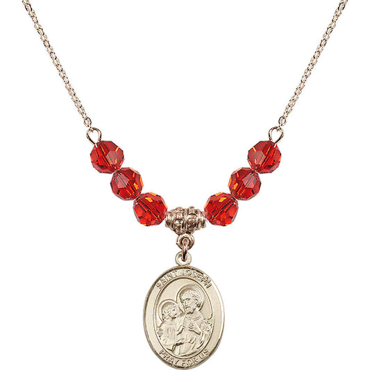 14kt Gold Filled Saint Joseph Birthstone Necklace with Ruby Beads - 8058