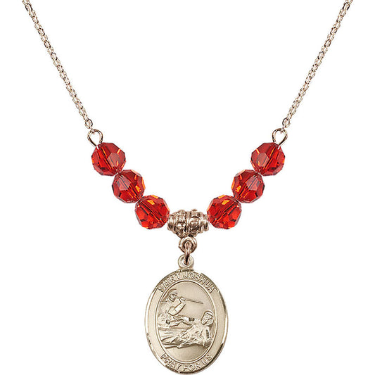 14kt Gold Filled Saint Joshua Birthstone Necklace with Ruby Beads - 8059