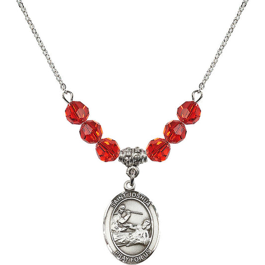 Sterling Silver Saint Joshua Birthstone Necklace with Ruby Beads - 8059