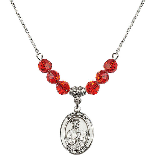 Sterling Silver Saint Jude Thaddeus Birthstone Necklace with Ruby Beads - 8060