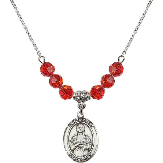 Sterling Silver Saint Kateri Tekakwitha Birthstone Necklace with Ruby Beads - 8061